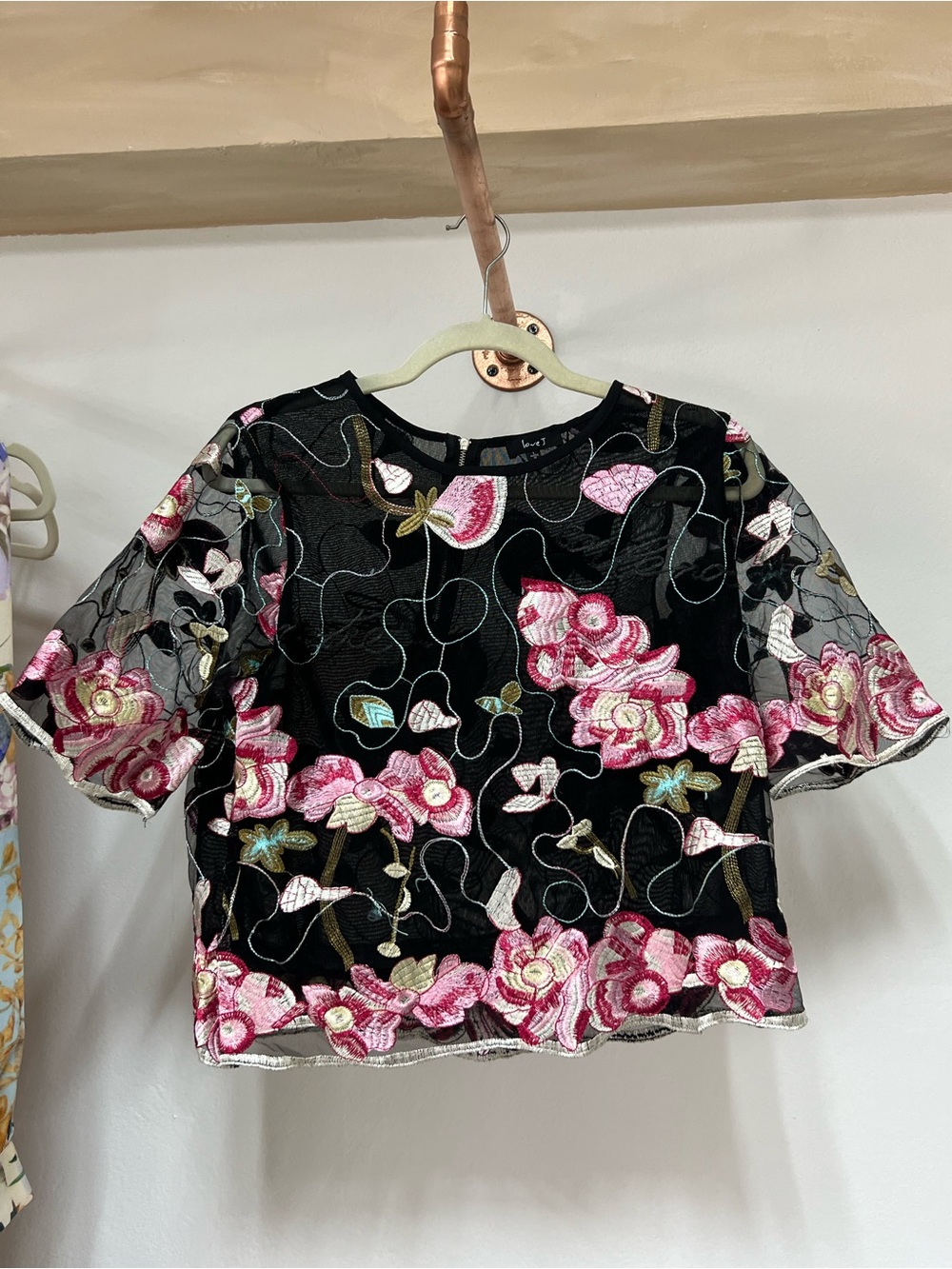 Embroidered Floral Mesh Top - Black with Pink Flowers